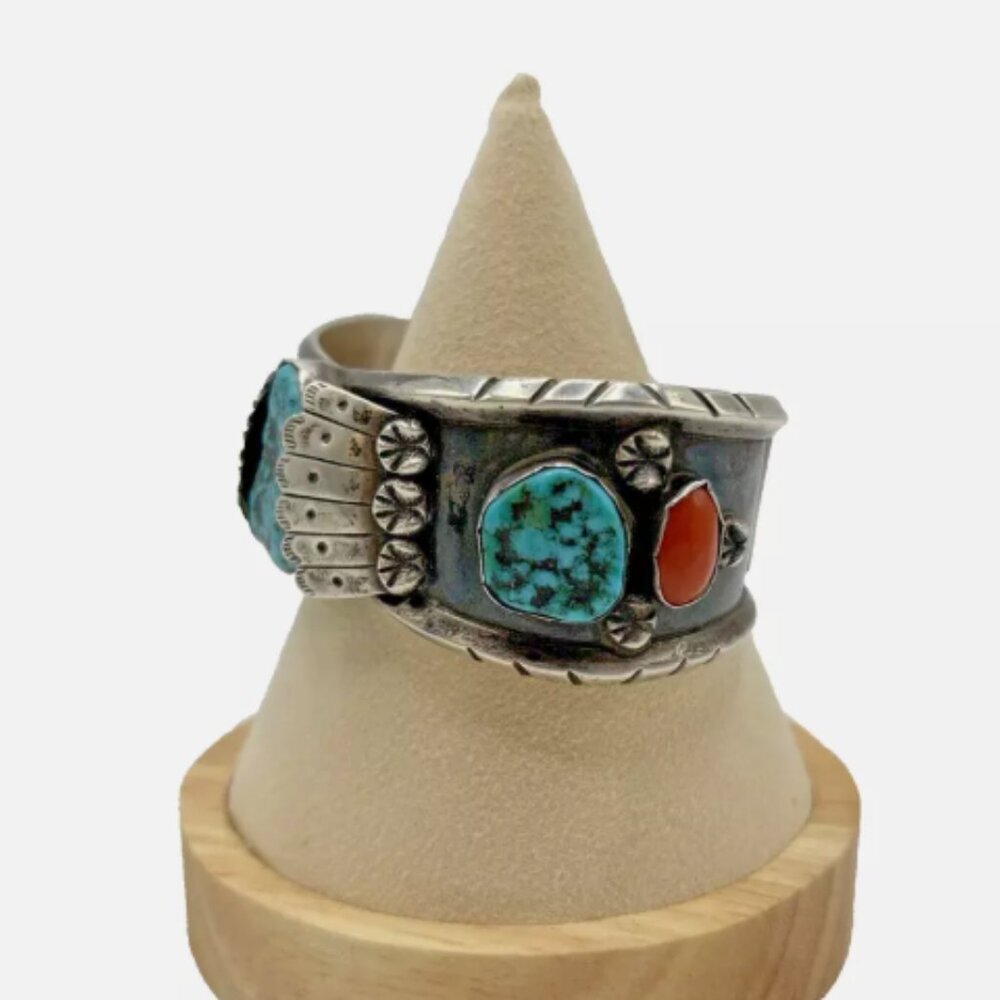 Vintage ML Native‎ American Navajo Zuni Silver Turquoise Coral Cuff Bracelet - Picture 6 of 14